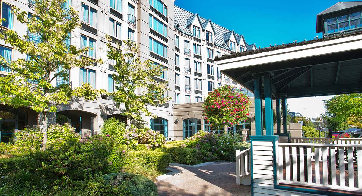 The gazebo in front of the Holiday Inn North Vancouver is a great place to relax and enjoy the sunshine