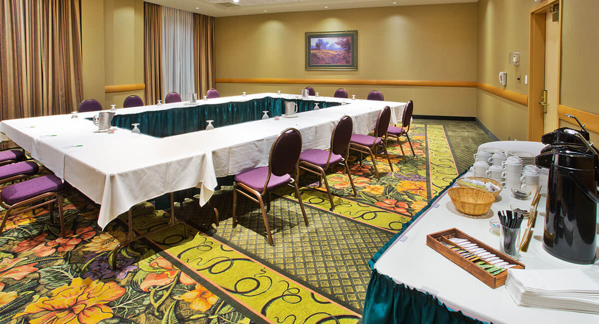 Conference room set up with refreshments at Holiday Inn North Vancouver