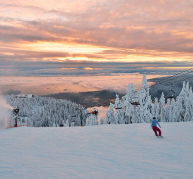 A skier on snowy ski slopes with gondolas and trees