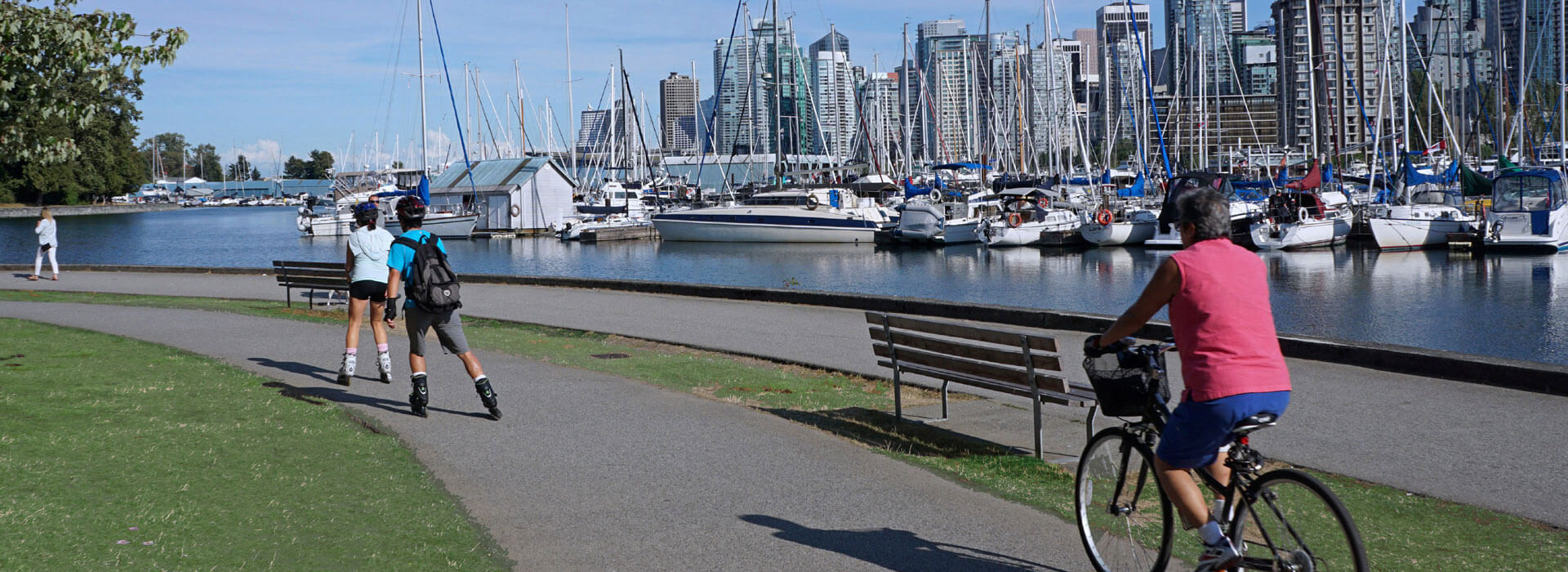 People biking and skating along a path by the shoreline with boats and yachts
